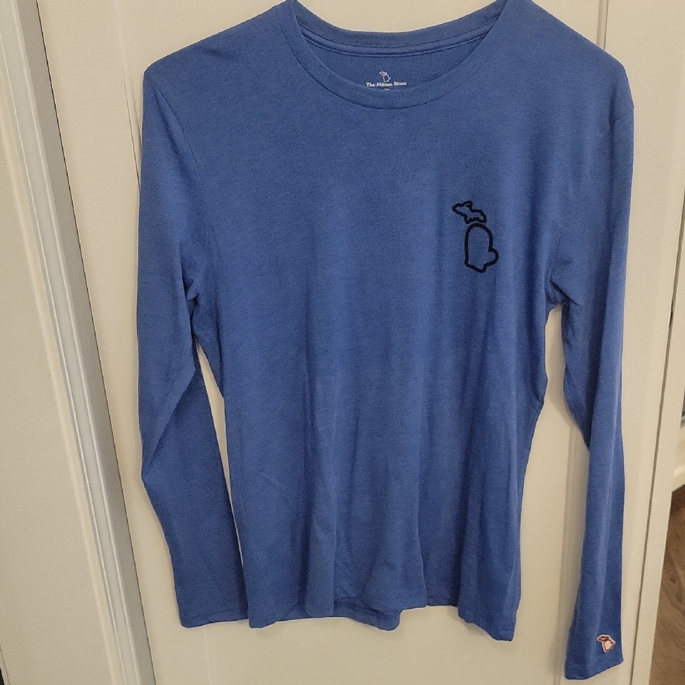 The Mitten State Blue Long Sleeve Shirt. Michigan Text and Salmon Logo. Men Sm